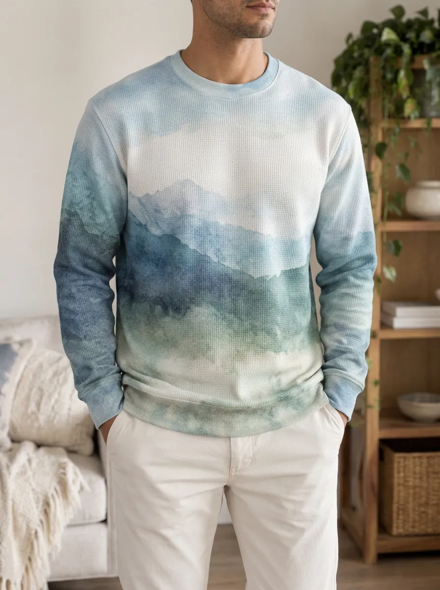 Men's Modern Mountain Landscape Watercolor Waffle Zip Hoodie