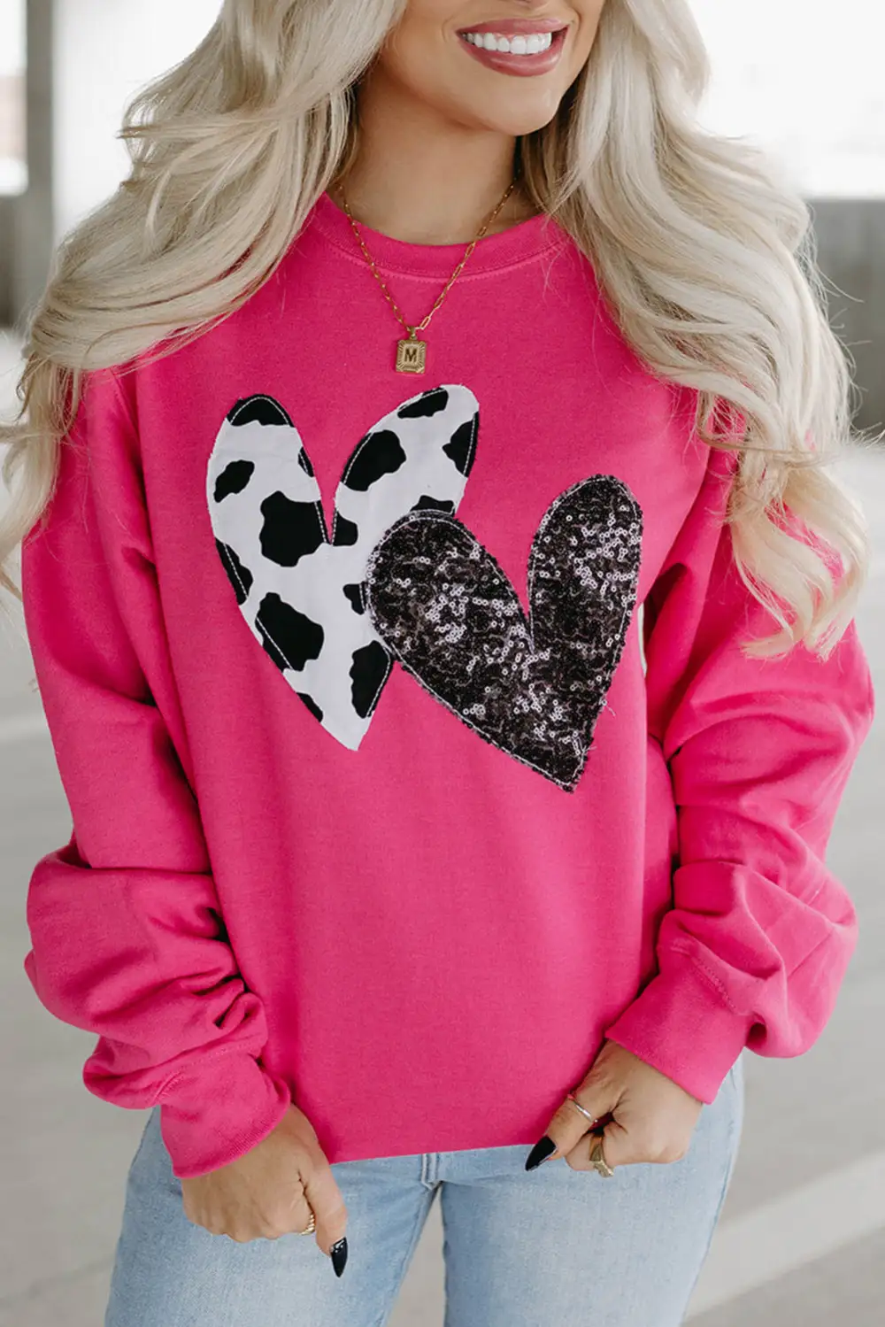 Cow Sequin Double Heart Patch Graphic Sweatshirt