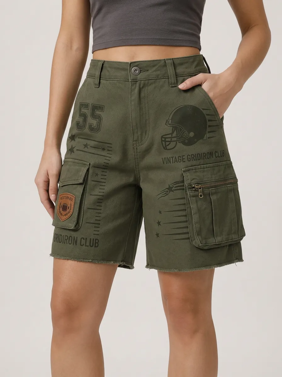 Women's Football Lover Vintage Gridiron Helmet Printed Cargo Shorts