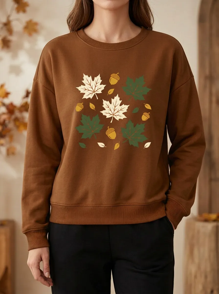 Classic Texture Maple-Leaf Printed Acorn Graphic Sweatshirt
