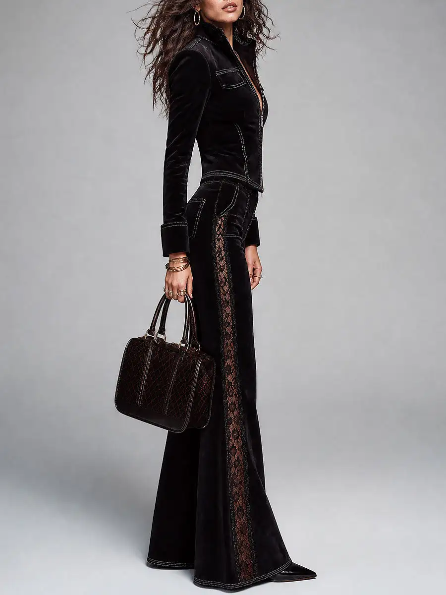Boho Suede Zip-Up Jacket & Lace-Trim Flare Pants Set