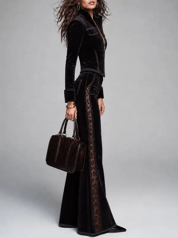 Boho Suede Zip-Up Jacket & Lace-Trim Flare Pants Set