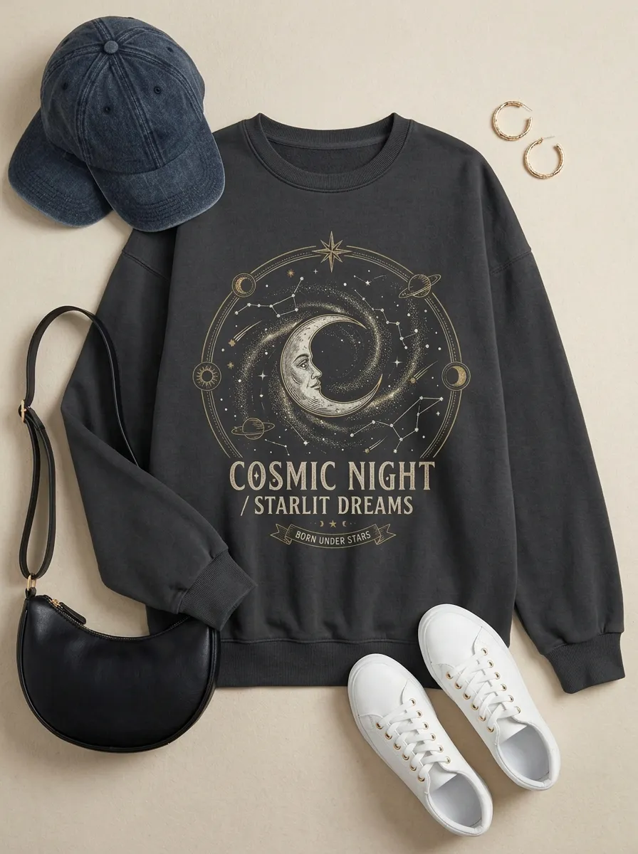 Women's Celestial Moon Starlit Dreams Printed T-shirt