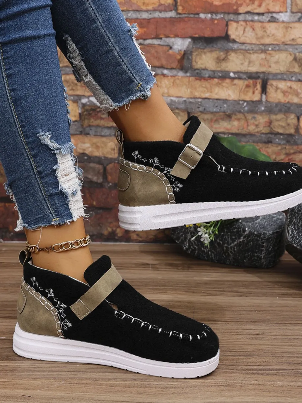 Round Toe Buckle Sneakers