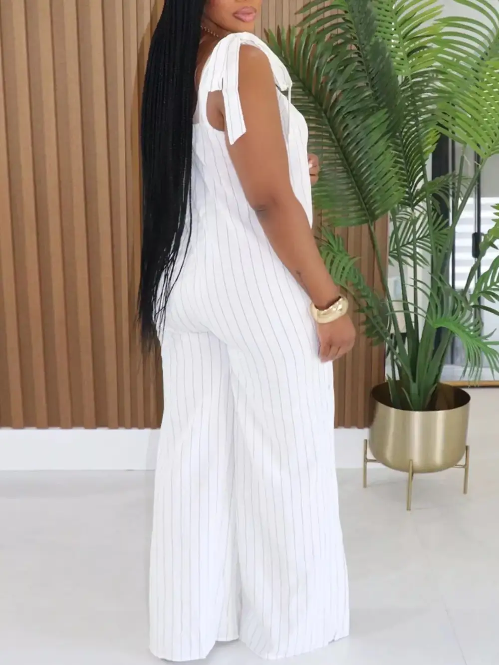 Striped Tie Shoulder Wide Leg Jumpsuit