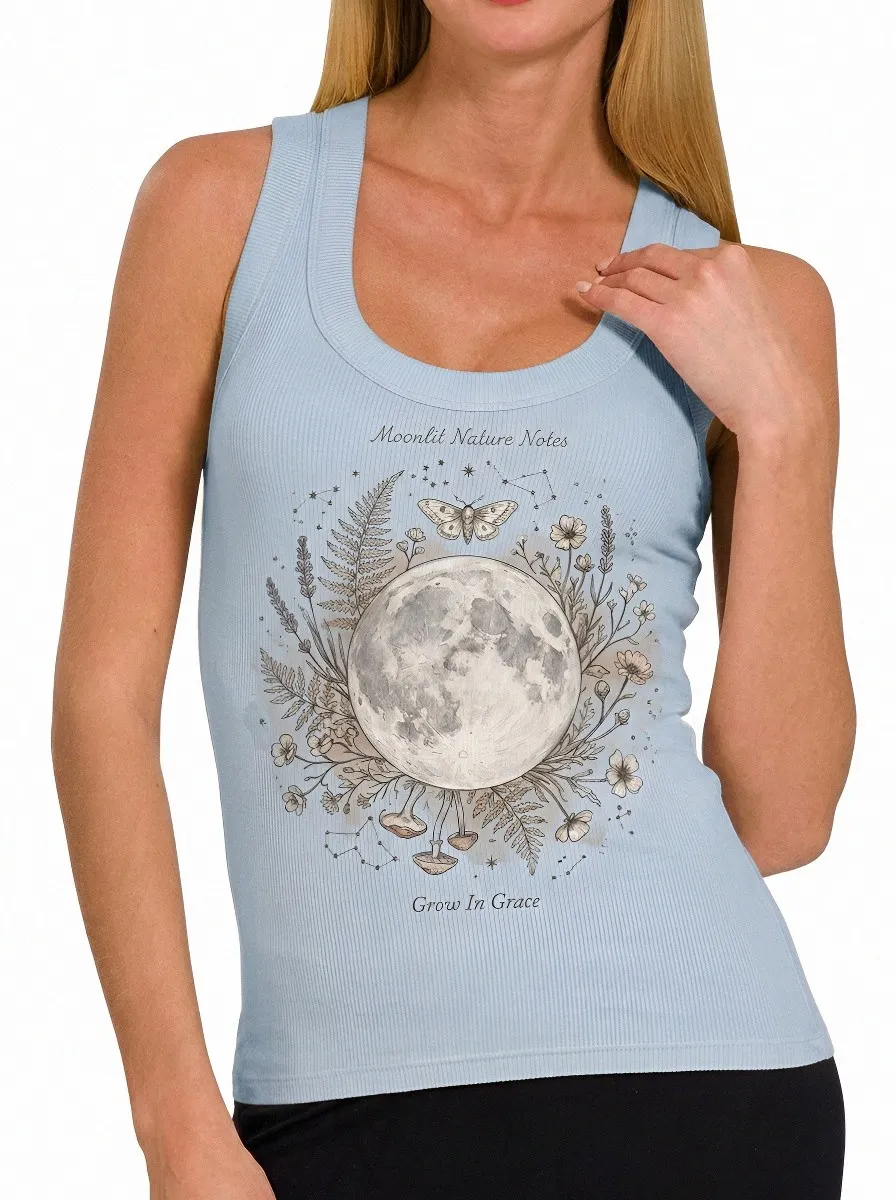 Women's Moonlit Nature Moth Floral Printed Ribbed Tank Top