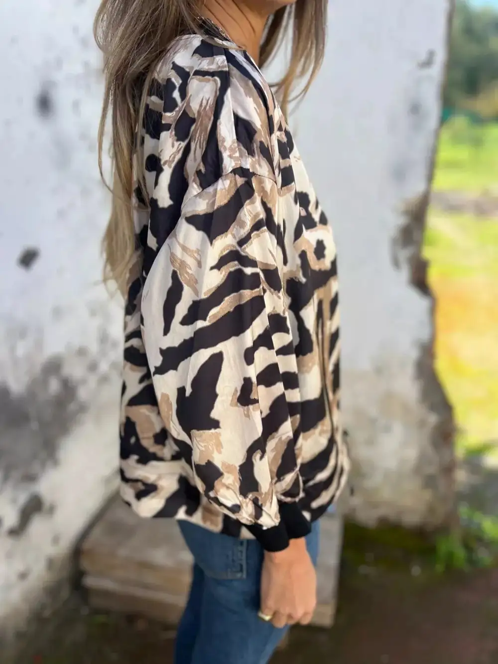 Zip Up Zebra Print Bomber Jacket