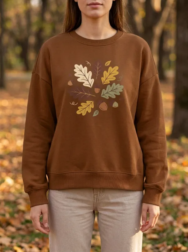 Structured Printed Acorn Leaf-Motif Graphic Sweatshirt