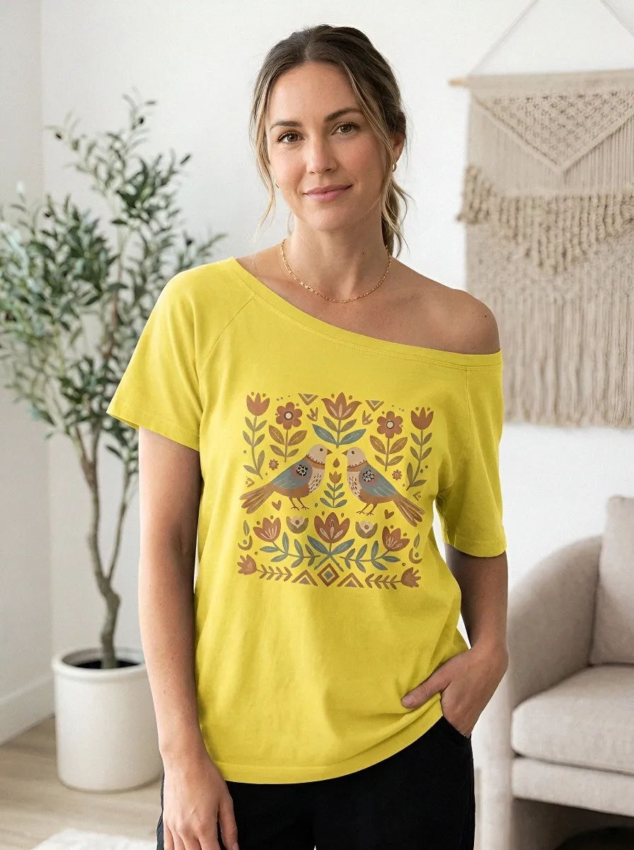 Women's Boho Nature Lover Folk Bird Floral Printed T-shirt