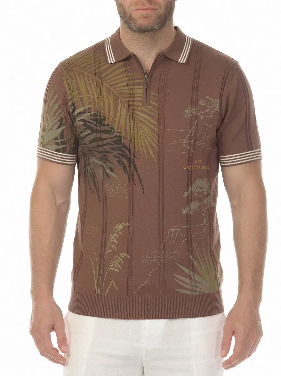 Men's Coastal Club Tropical Palm Tree Printed Zip Polo Shirt