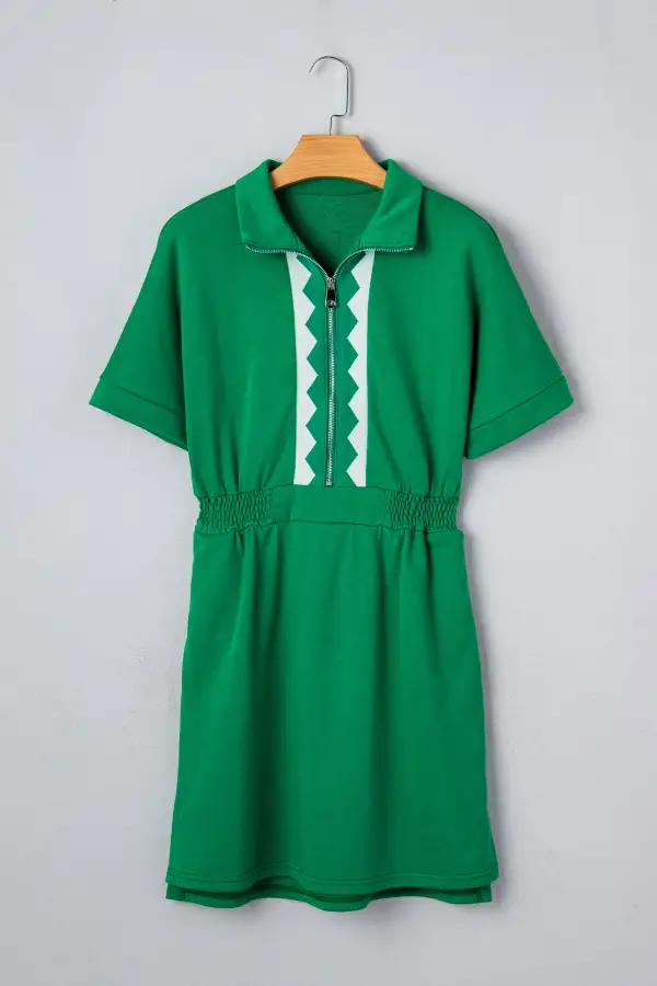 Zip Front Contrast Trim Mixed Panel Mini Dress