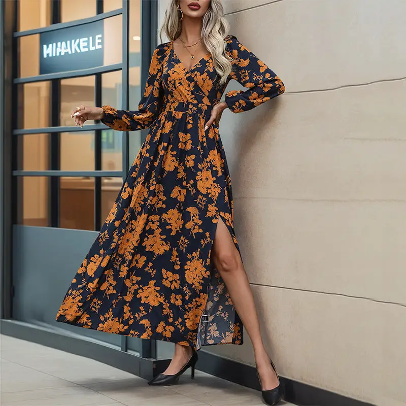 Women's V-Neck Floral Ruffled Bridal Maxi Dress