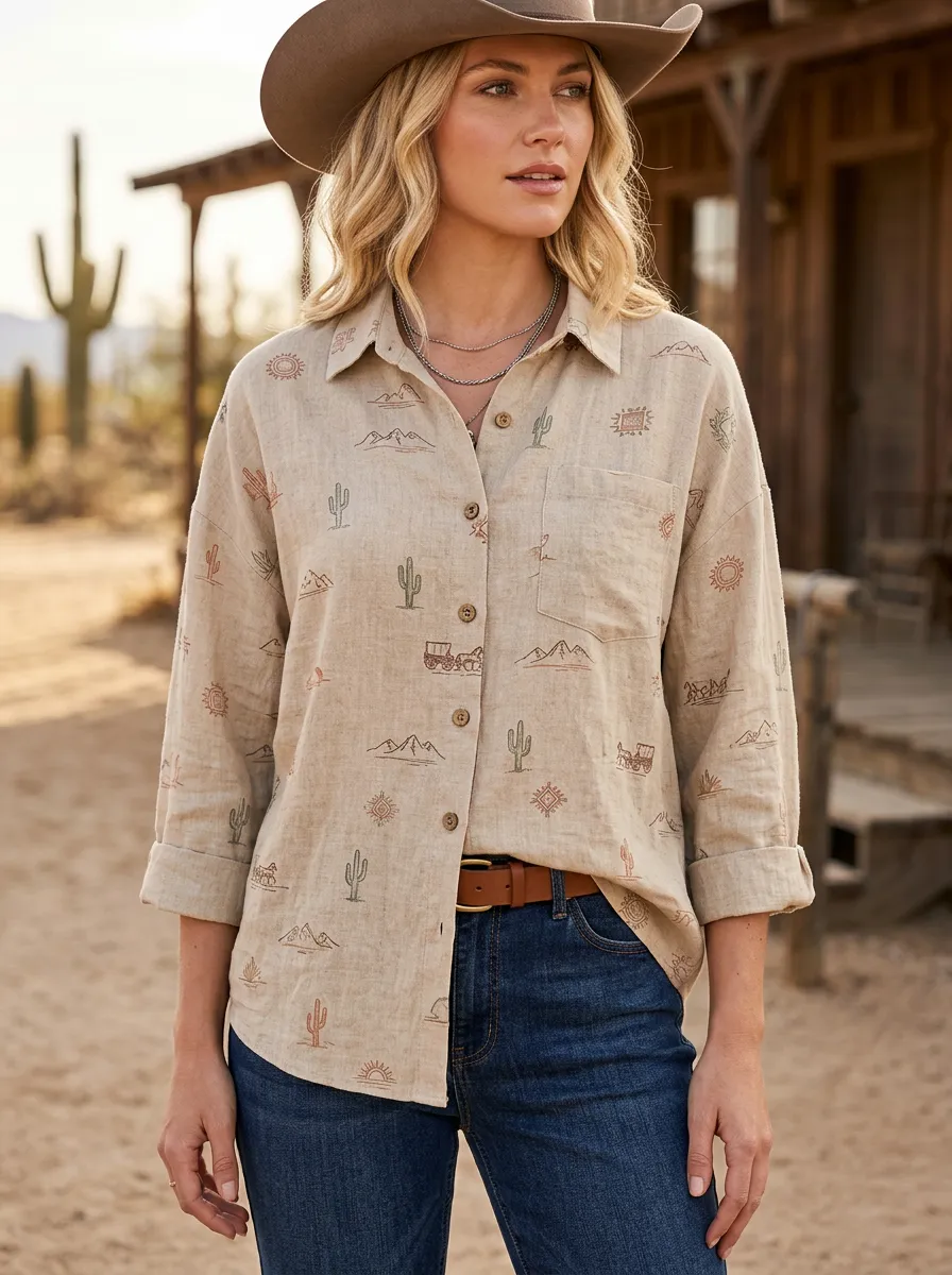 Women's Western Desert Cactus Mountain Printed Cotton Linen Shirt