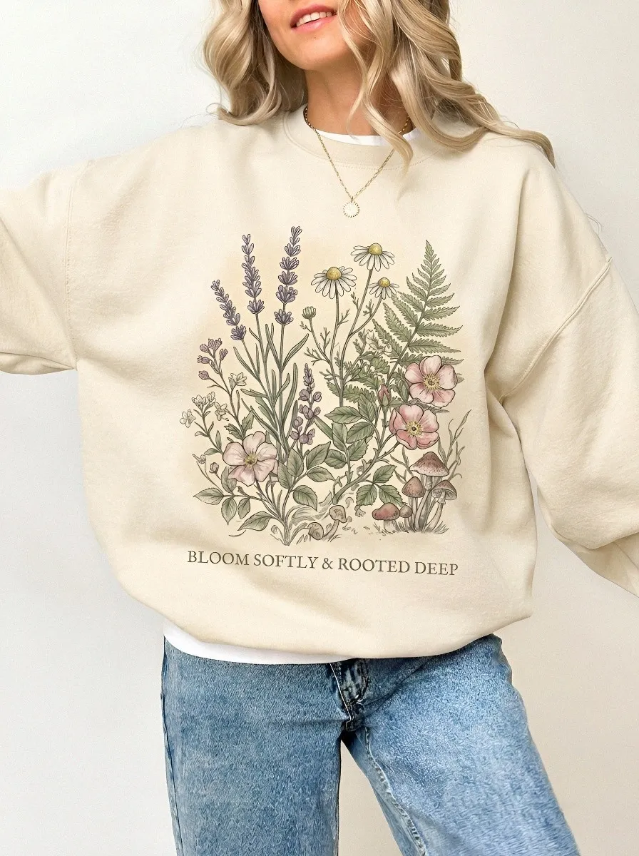 Women's Botanical Nature Lover Wildflower Mushroom Printed Sweatshirt