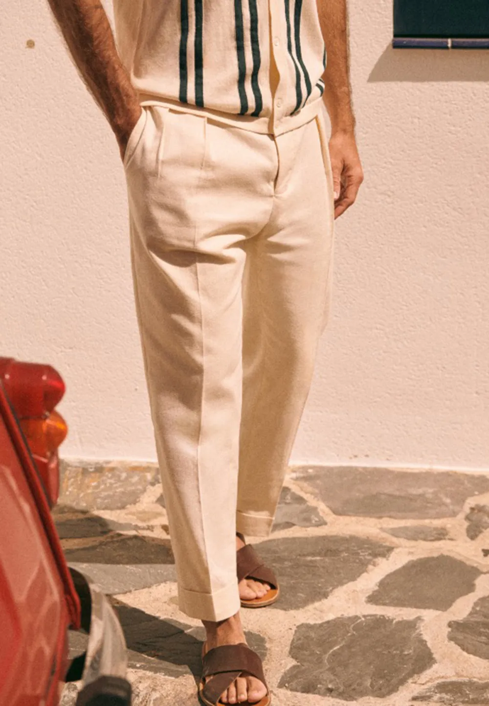 Ecru Pleated High Waist Cropped Trousers