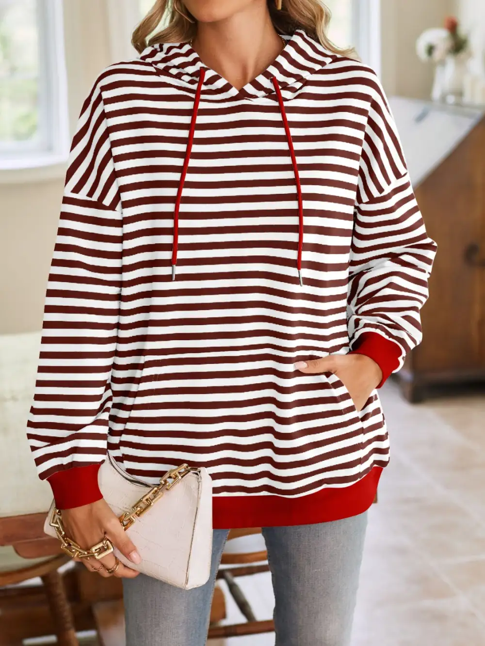 Drawstring Long-Sleeve Striped Hoodie