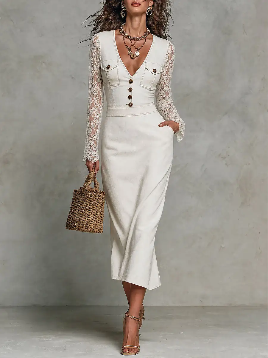 Boho Lace Sleeve V-Neck Button Front Denim Midi Dress