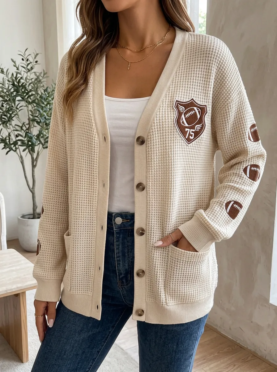 Women's Football Fan 75 Shield Printed Waffle Knit Cardigan