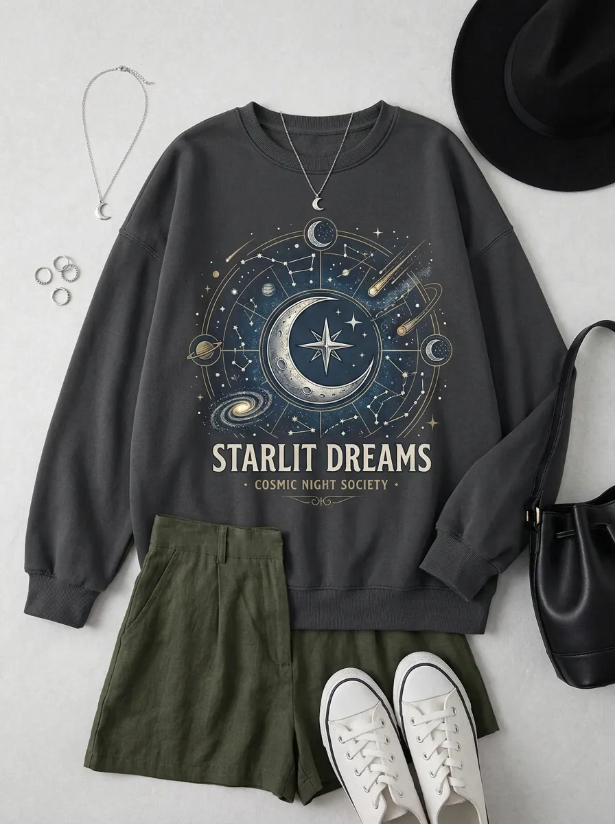 Women's Starlit Dreams Cosmic Moon Stars Printed T-shirt
