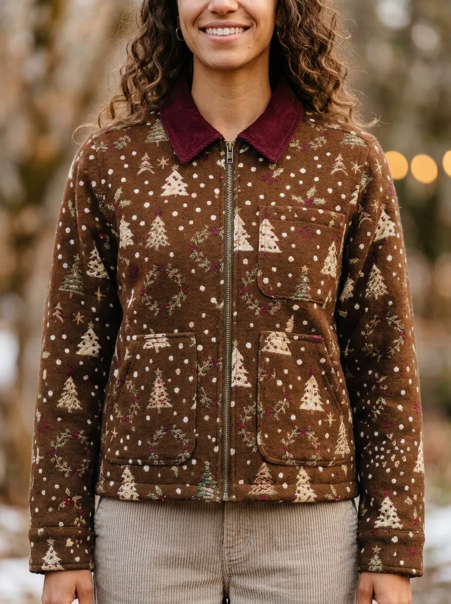 Christmas Tree Wreath Pattern Print Zip-up Jacket