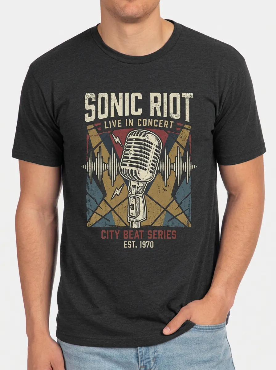 Men's Music Lover Vintage Microphone Sonic Riot Printed T-shirt