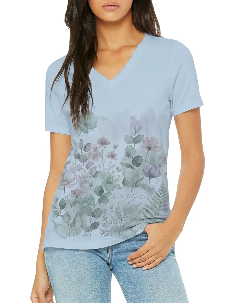 Women's Nature Lover Wild & Gentle Watercolor Floral Printed V-neck T-shirt