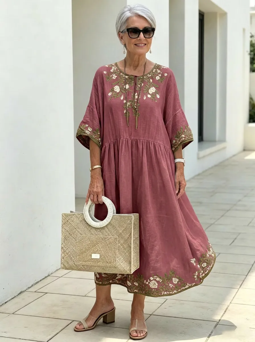 Women's Summer Vacation Floral Embroidered Linen Printed Dress