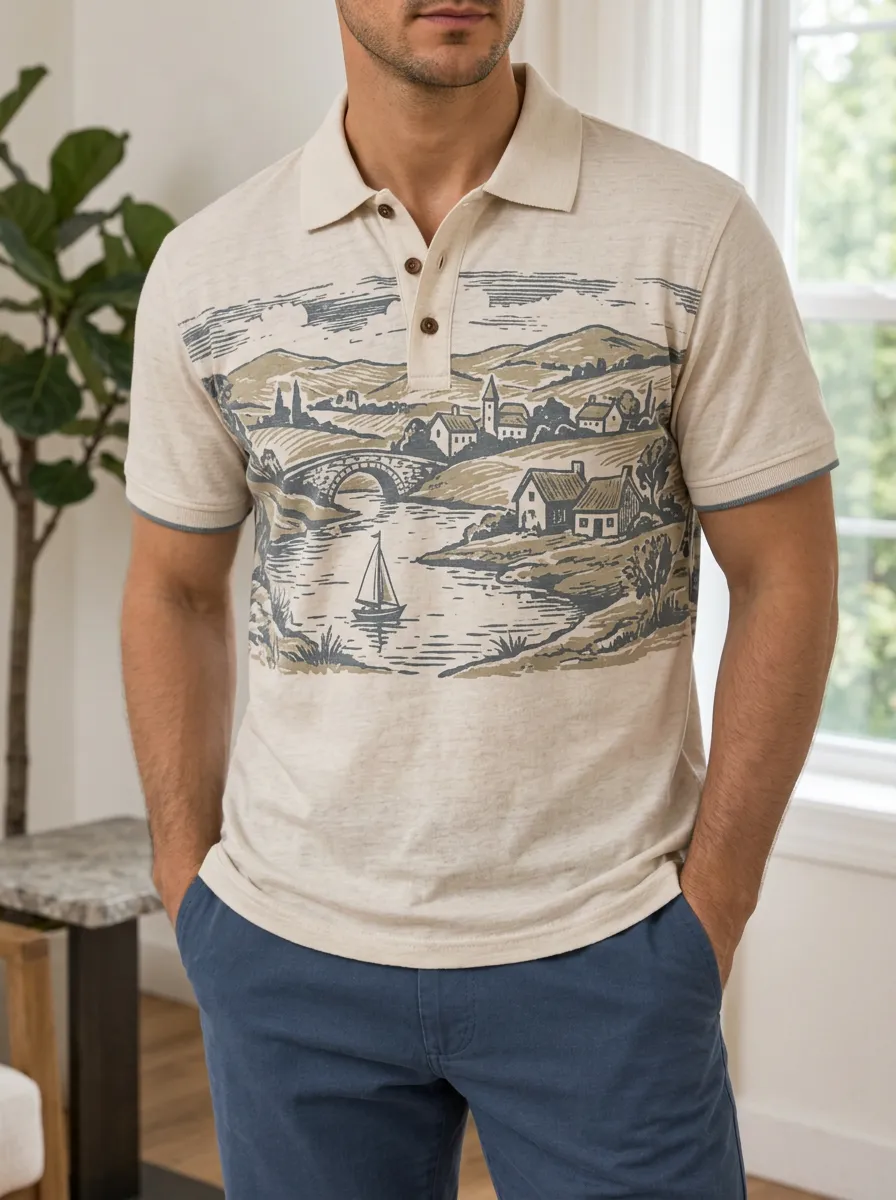 Men's Vintage Landscape Sailboat Village Printed Polo Shirt