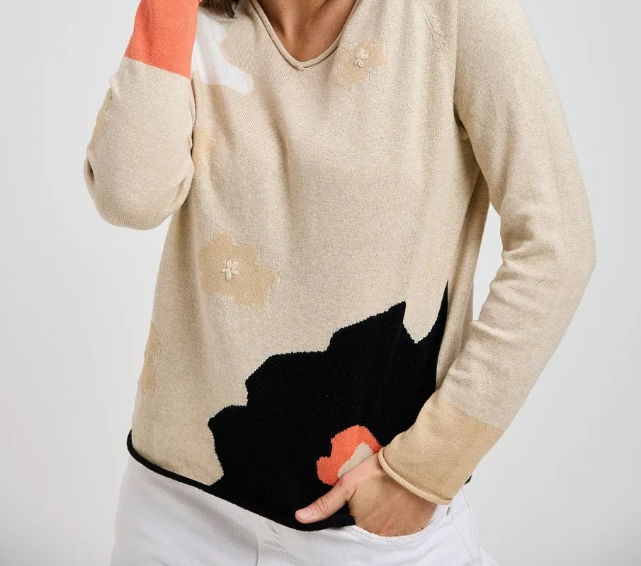 Cotton Cashmere Embroidered Floral Sweater