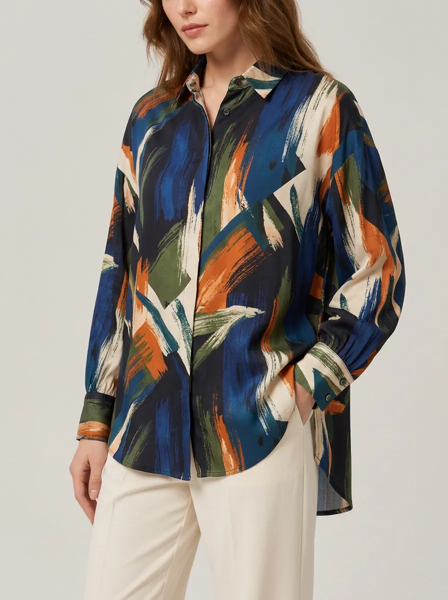 Women's Expressive Brushstroke Printed Long Sleeve Shirt