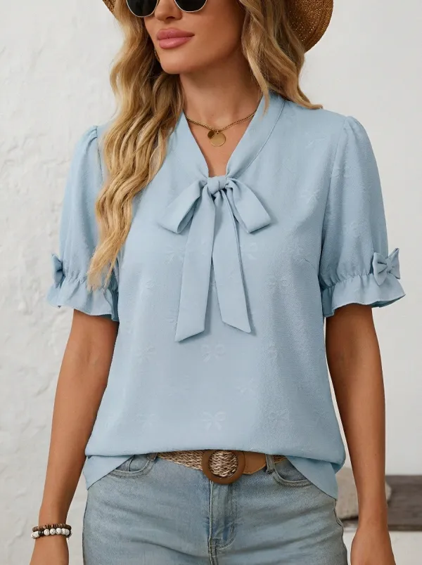 Women's Pink Bowknot Pattern Printed Short Sleeve Blouse