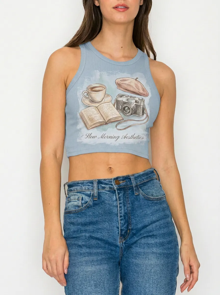Women's Aesthetic Coffee Book Camera Printed Crop Top