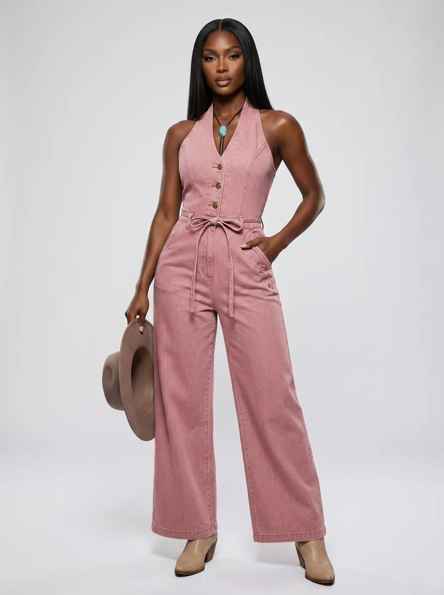 Pink Western Halter-Neck Denim Jumpsuit