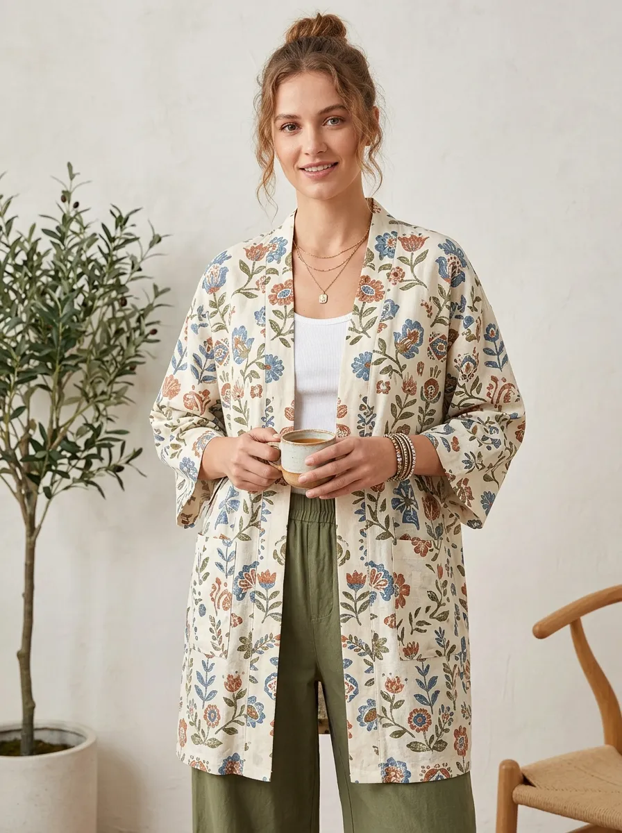 Boho Floral Botanical Kimono Cardigan Top