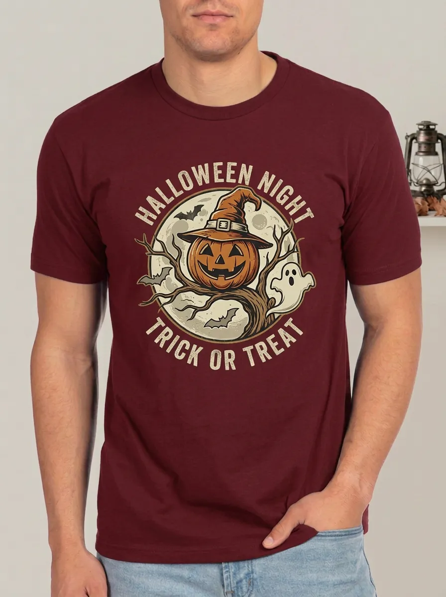 Men's Halloween Night Pumpkin Witch Hat Ghost Printed T-shirt