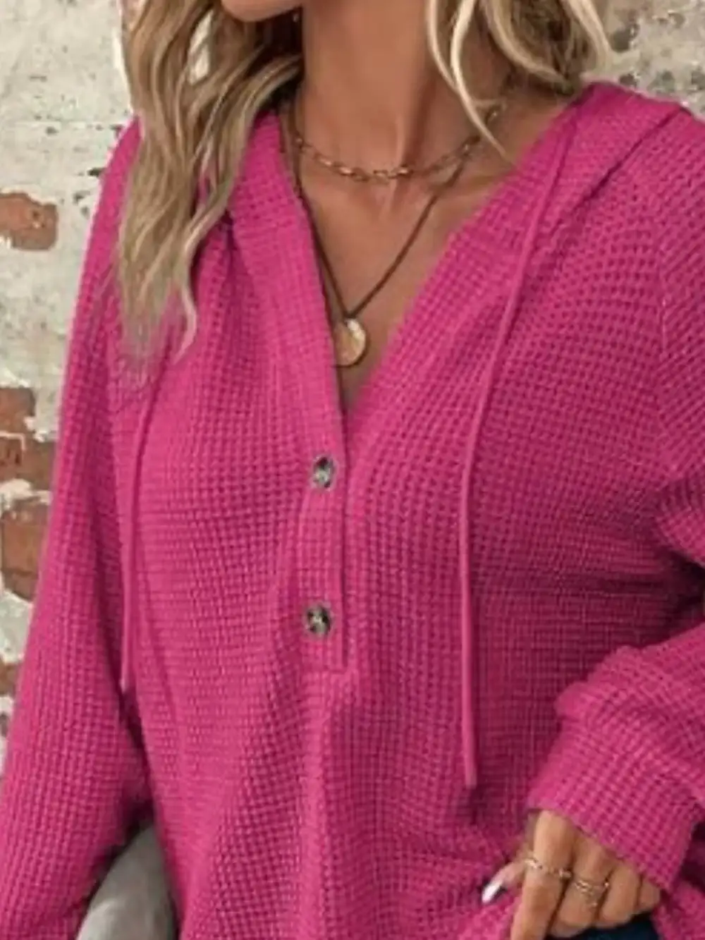 Drawstring Buttoned Pocketed Waffle-Textured Hoodie