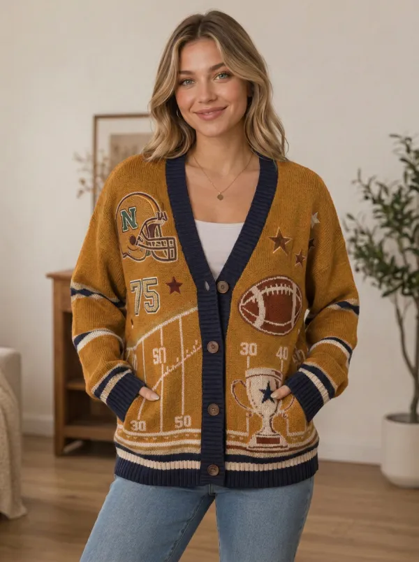 Women's Street Inspired Gridiron Helmet Trophy Ball Knit Cardigan