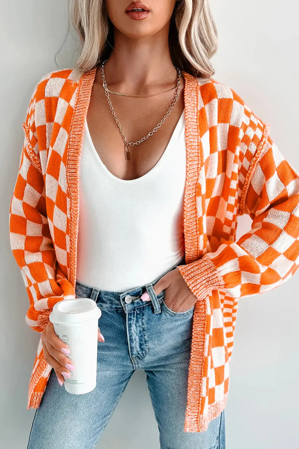 Checkered Open Front Drop Shoulder Relaxed Layer Cardigan
