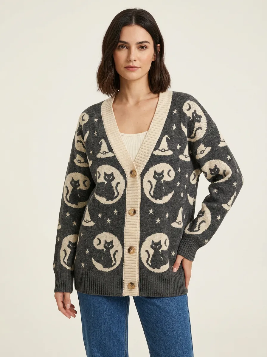 Women's Cat Moon Witch Hat Halloween Knit Cardigan