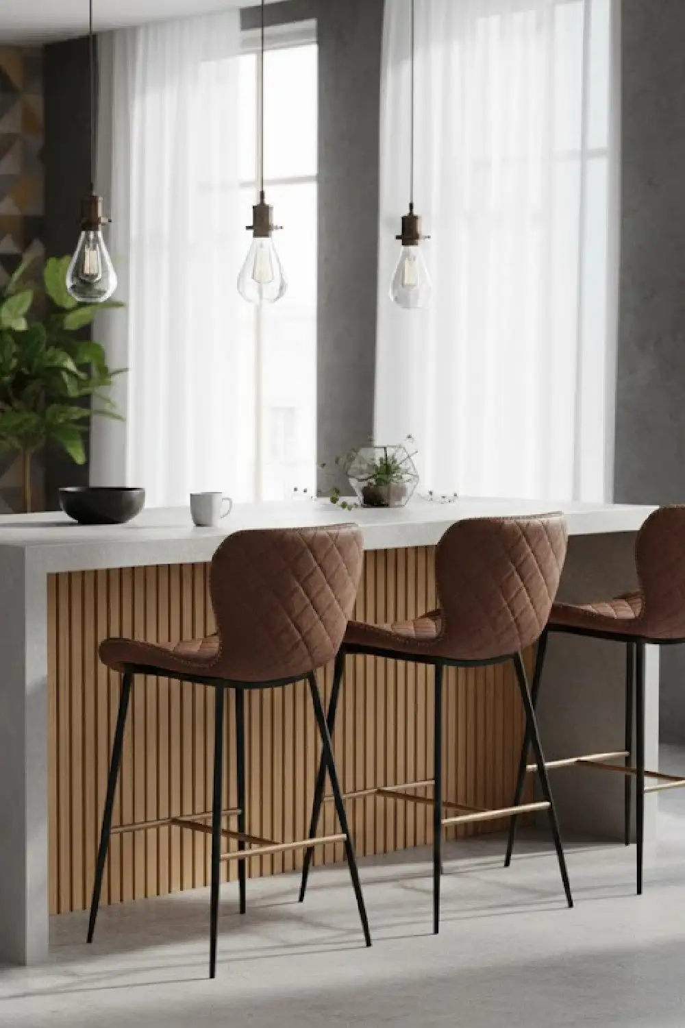 Diamond-Stitched Leather Leather-Look Counter Stool