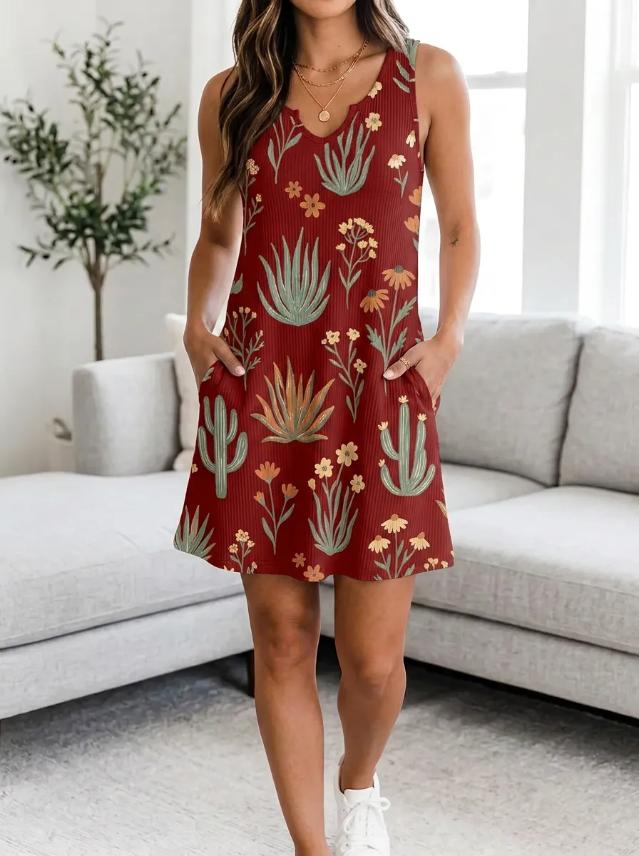Women's Boho Desert Cactus Wildflower Printed Tank Dress