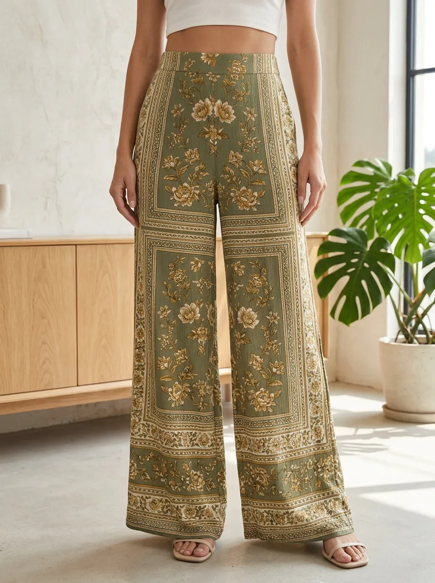 Women's Modern Boho Floral Olive Green Printed Wide Leg Pants