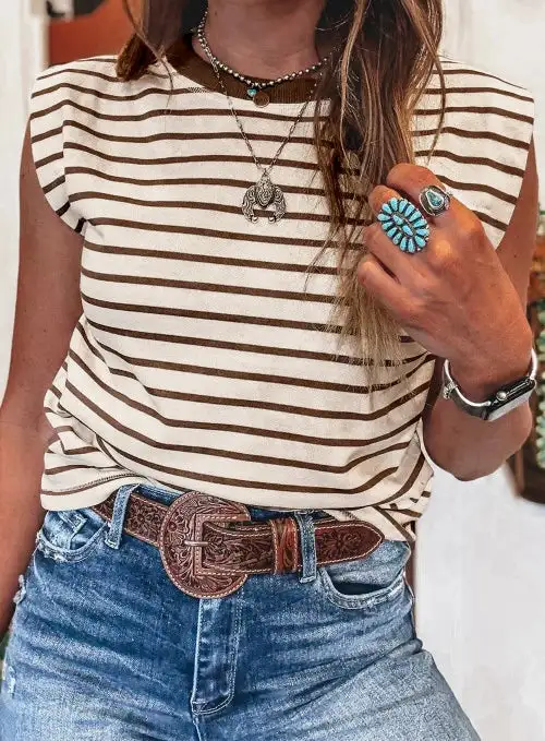 Ribbed Round Neck Trim Loose Tank Top