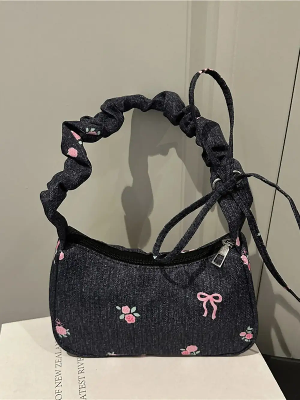 Embroidered Ruched Shoulder Bag