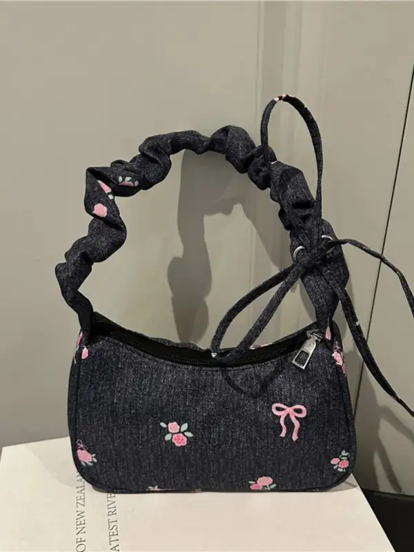 Embroidered Ruched Shoulder Bag