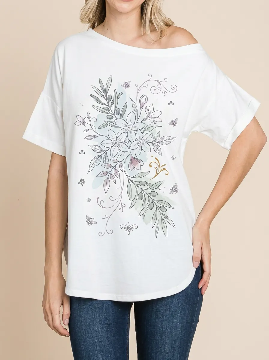 Women's Botanical Bee Olive Branch Printed T-shirt