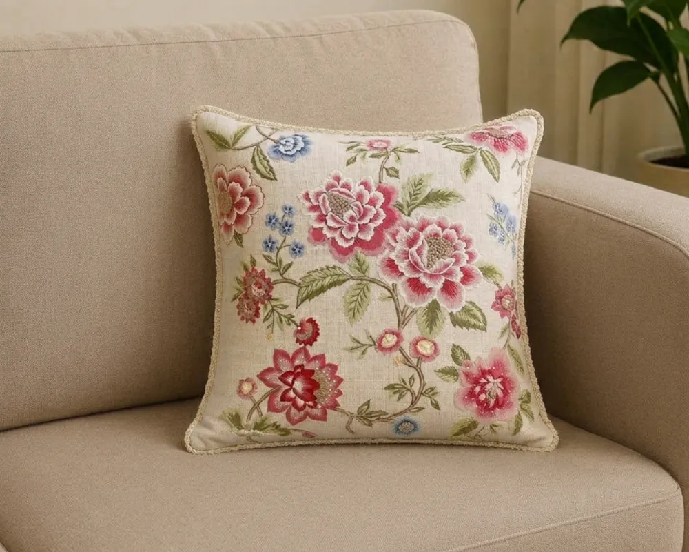 Artisan Hand Embroidered Floral Botanical Cotton Decorative Cushion Cover