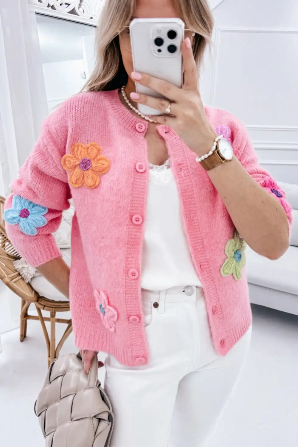 Cute Knit Floral Pattern Button Front Cardigan