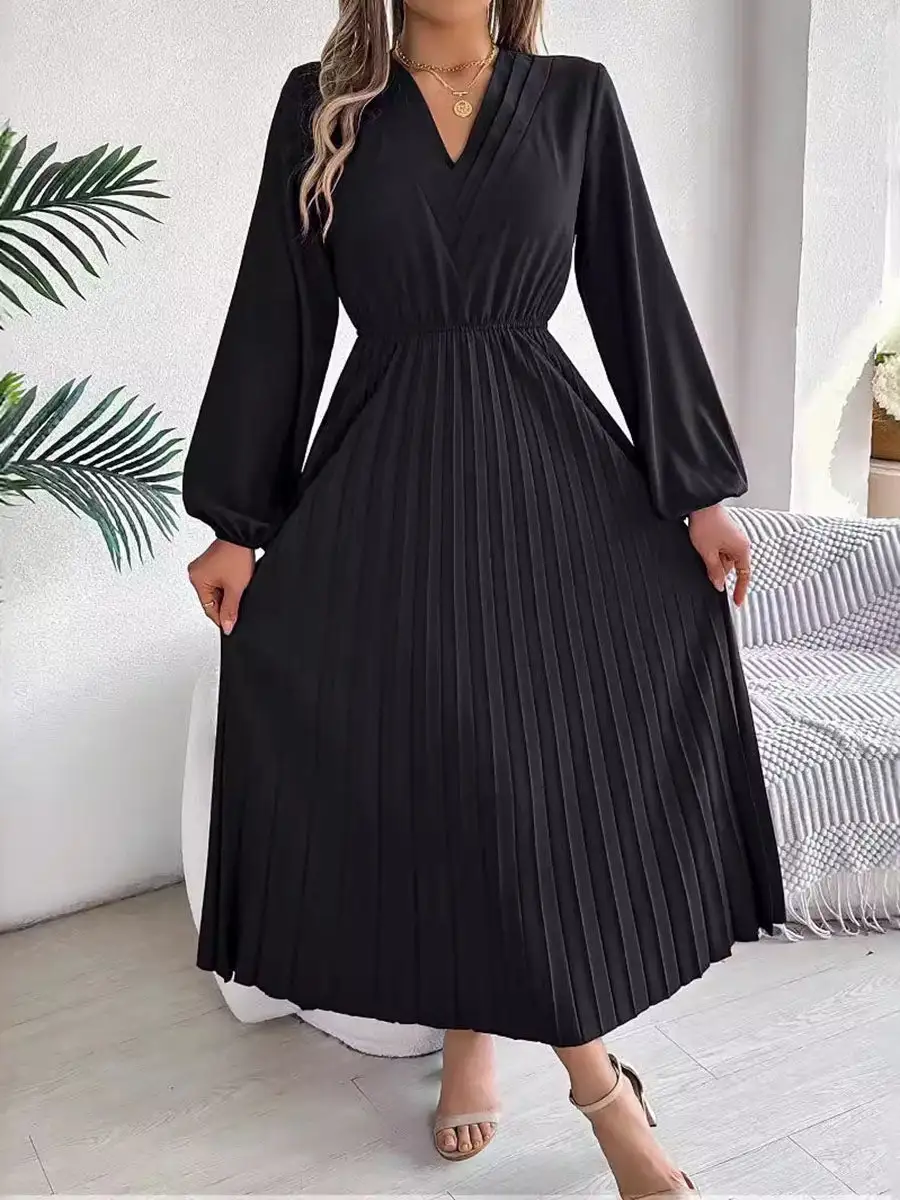 Elasticity Pleated Neck Maxi Dress