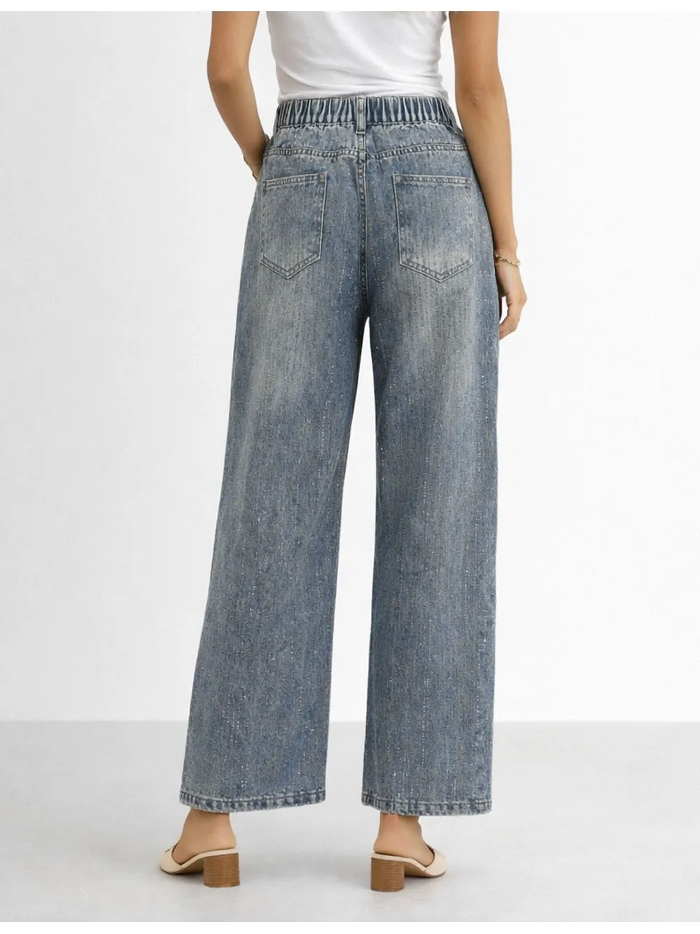 Allover Rhinestone Button Fly Wide Leg Denim Pants